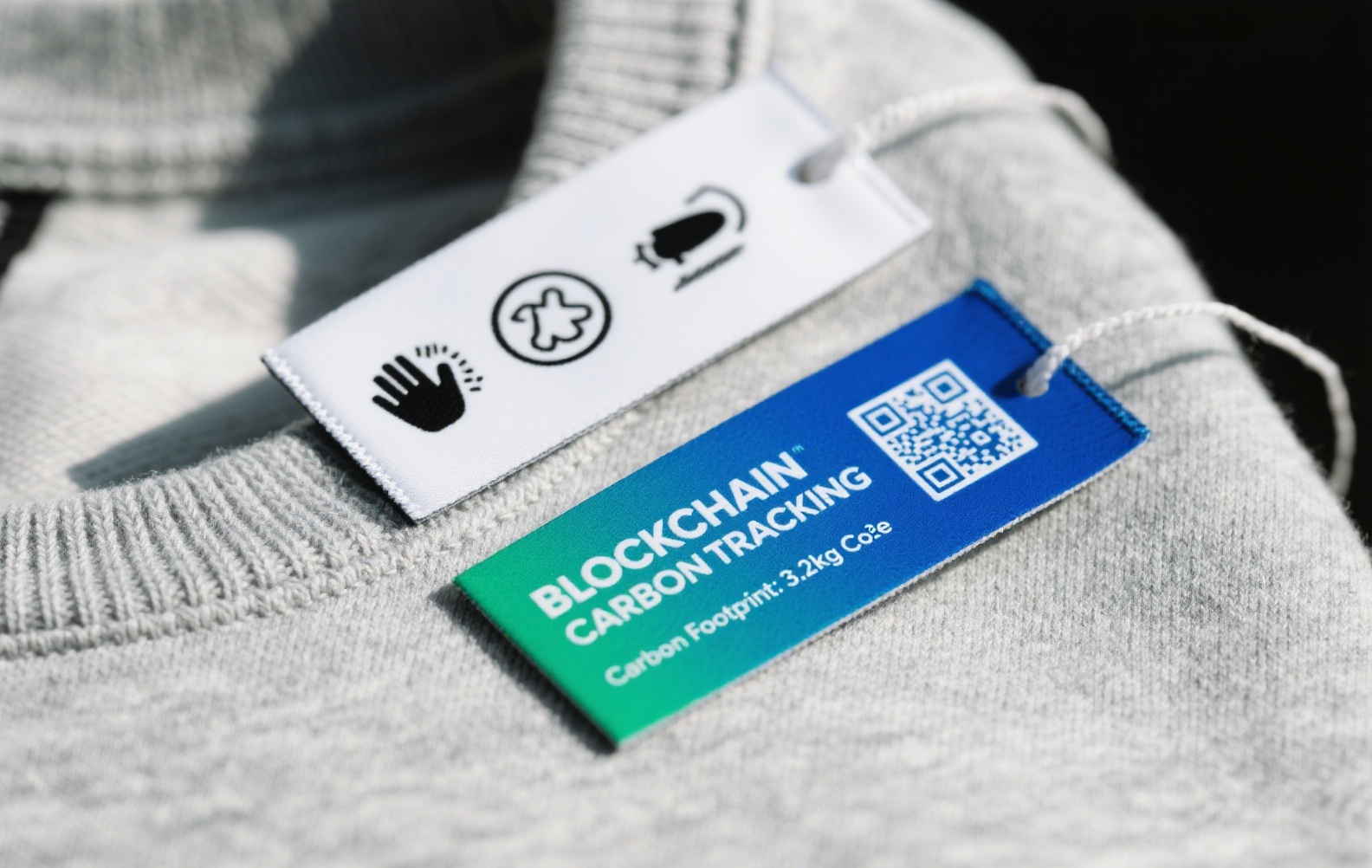 Blockchain clothing care tags with carbon footprint tracking.